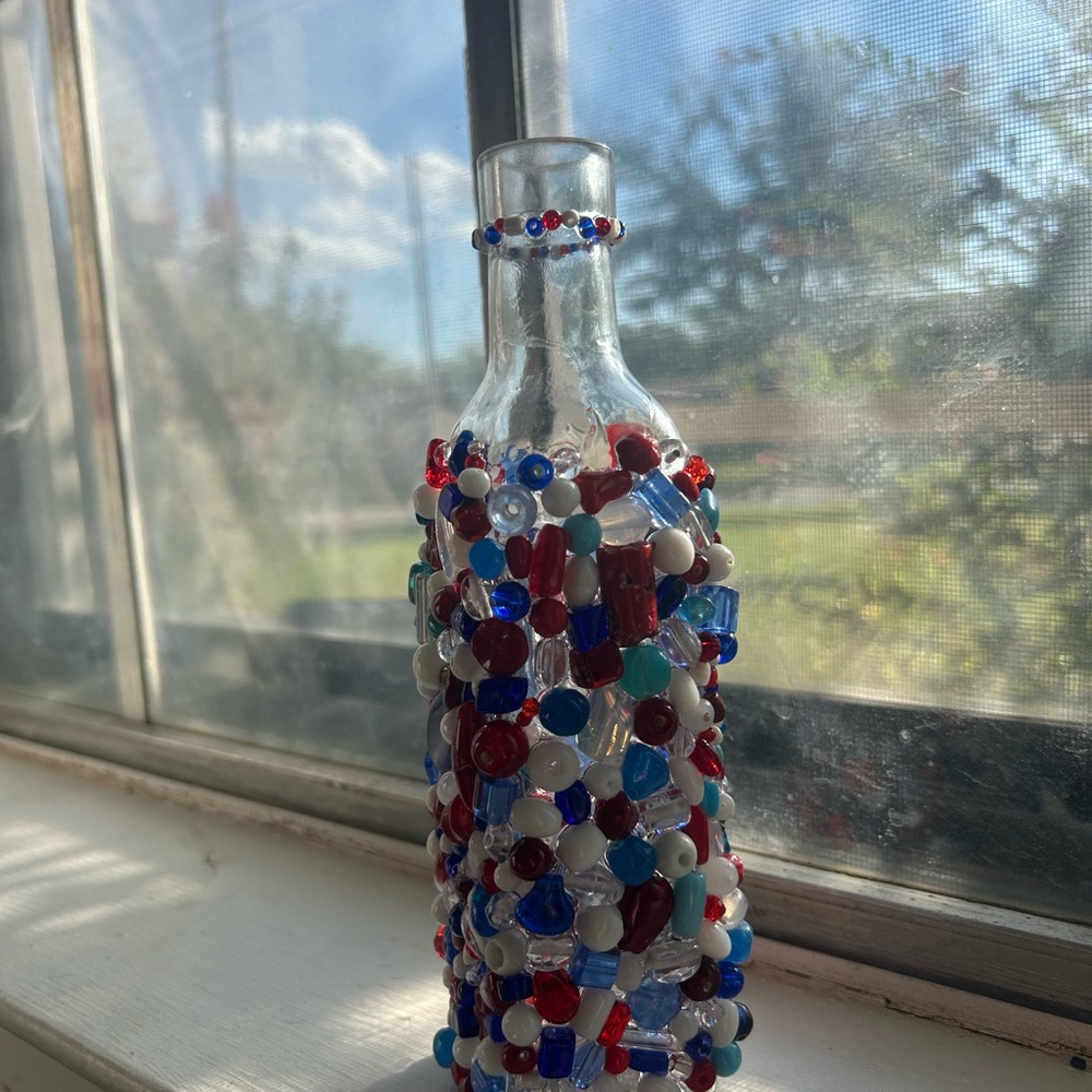 Patriotic Beaded Glass Art Bottle - Picture 2 of 7